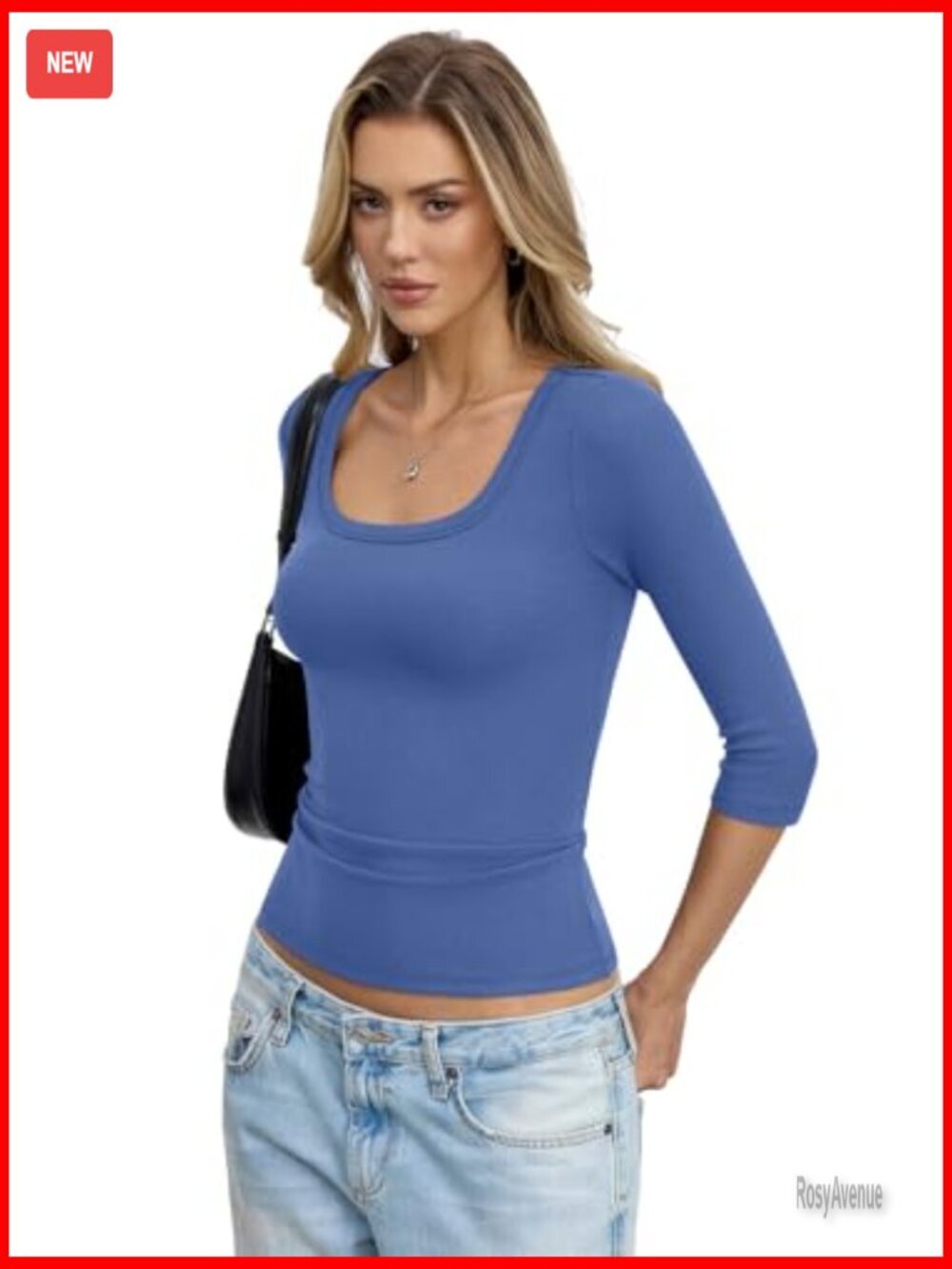 Cotton Ribbed 3/4 Sleeve Scoop Neck Slim Fit T-Shirt Y2K Style - Picture 5 of 7